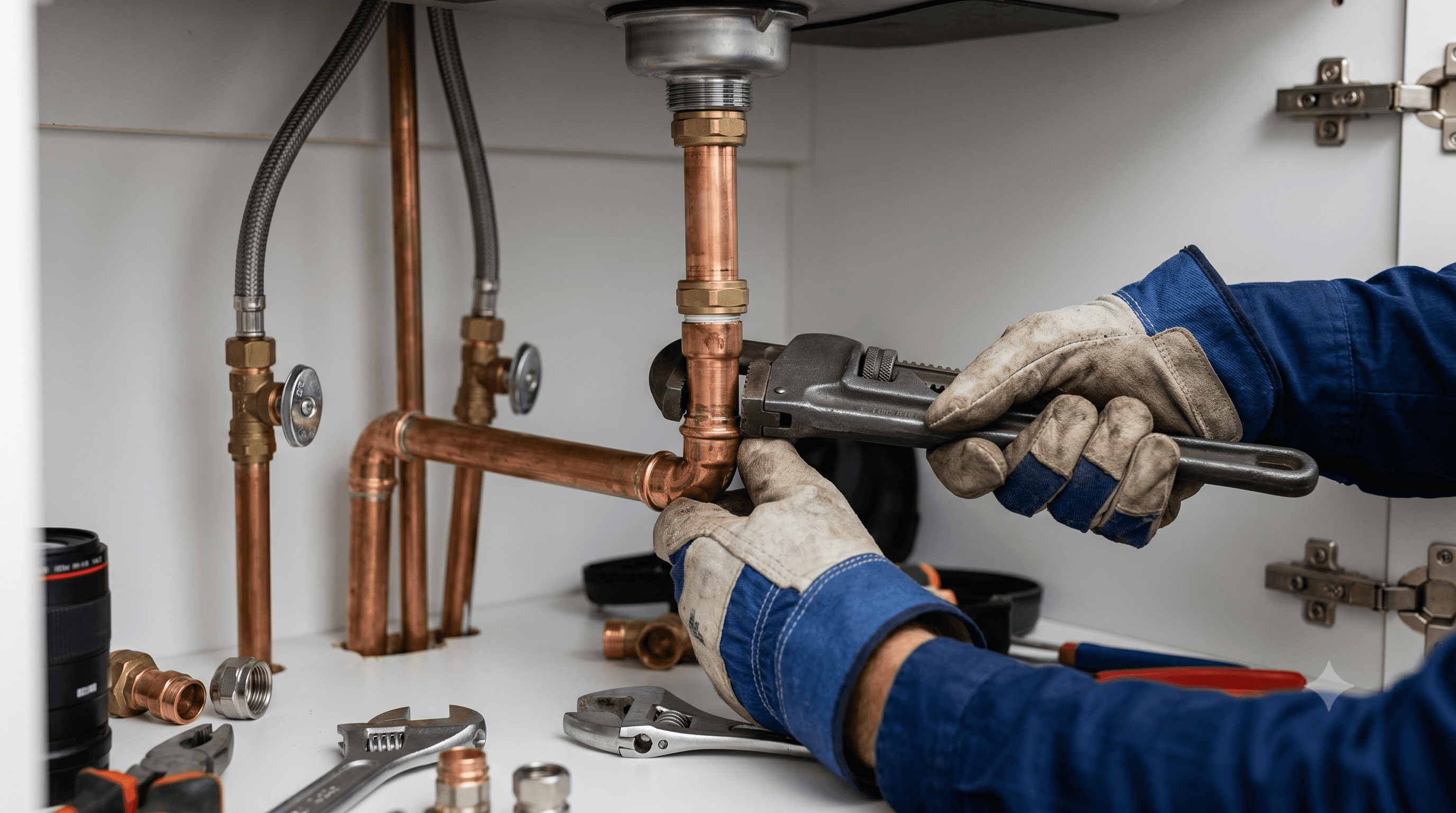 Plumber working under sink